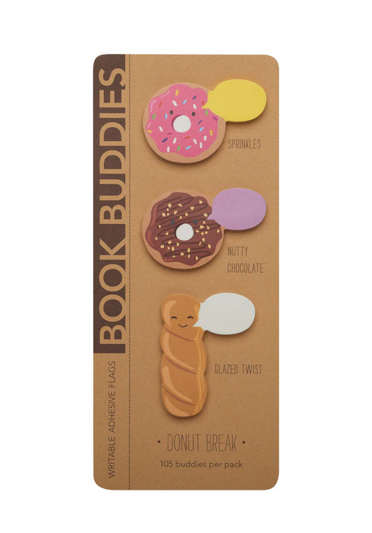 Trio of donut book buddy page markers -- pink sprinkles, chocolate w/nuts and glazed twist