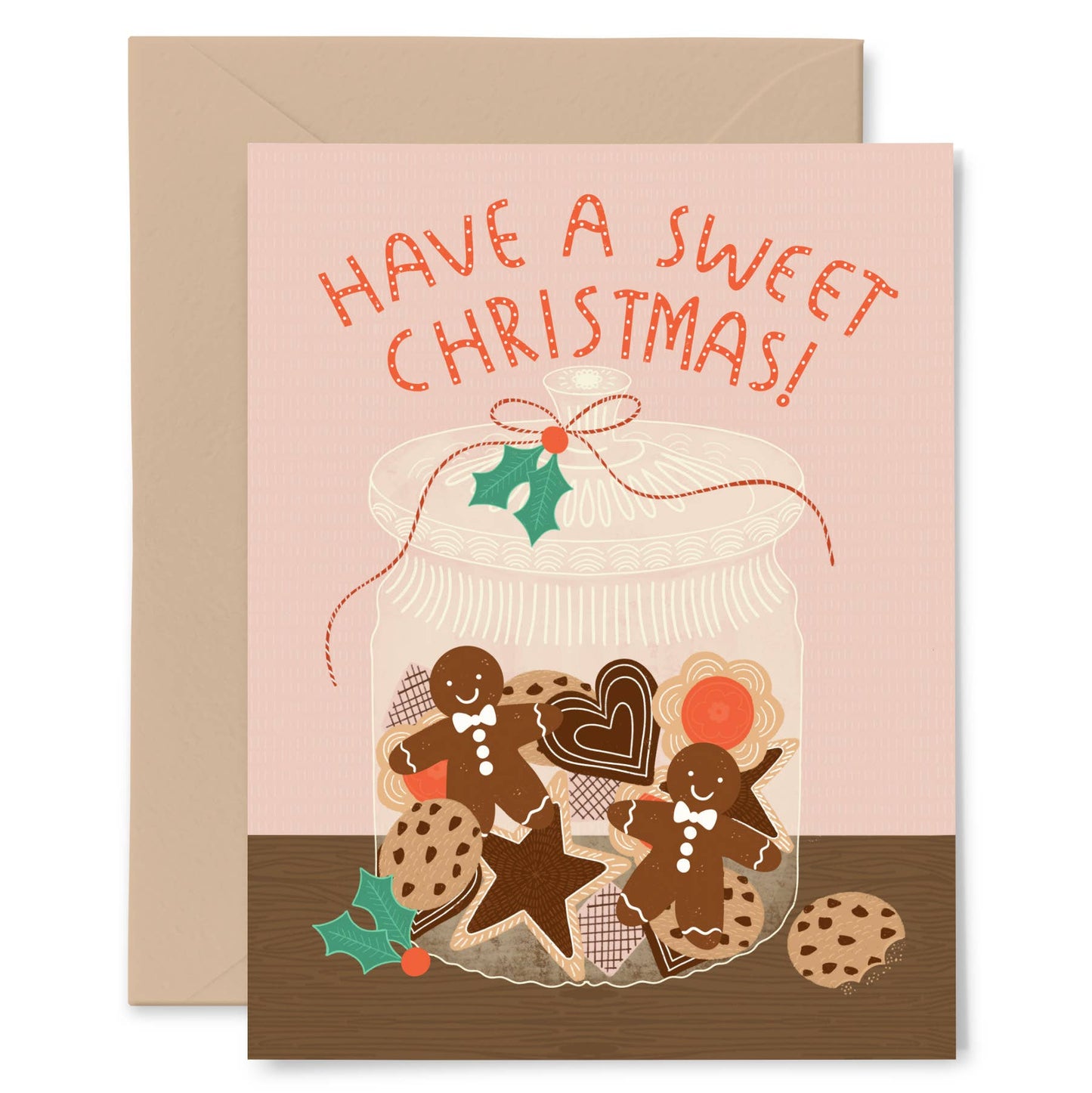 Greeting card that reads "Have a sweet Christmas!" over a jar of Christmas cookies 