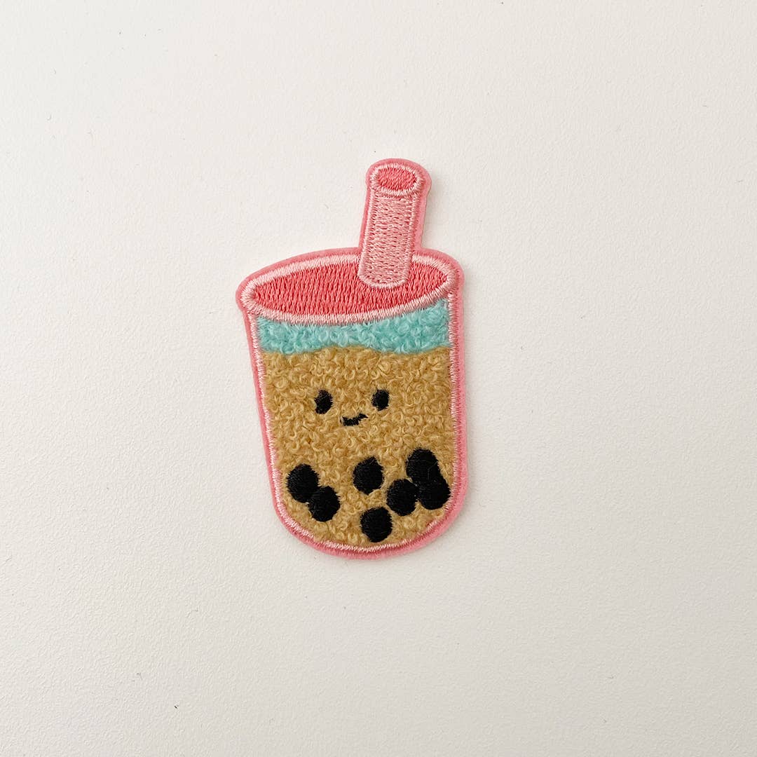 Boba chenille sticker patch. Boba cup has pink llid and straw.