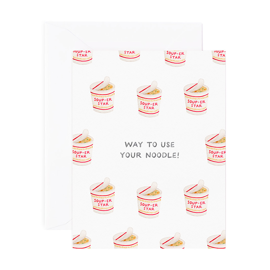 Grad greeting card that reads "Way To Use Your Noodle" and is designed with illustrations of cup o noodles 