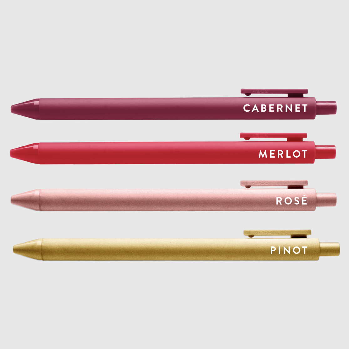 Set of 4 pens -- each pen with matching color and text of different wines (cabernet, merlot, rose, pinot)