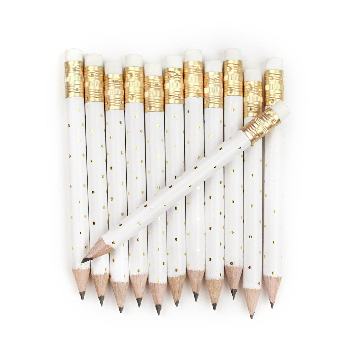 Mini white pencils with gold foil polka dots. White erasers.