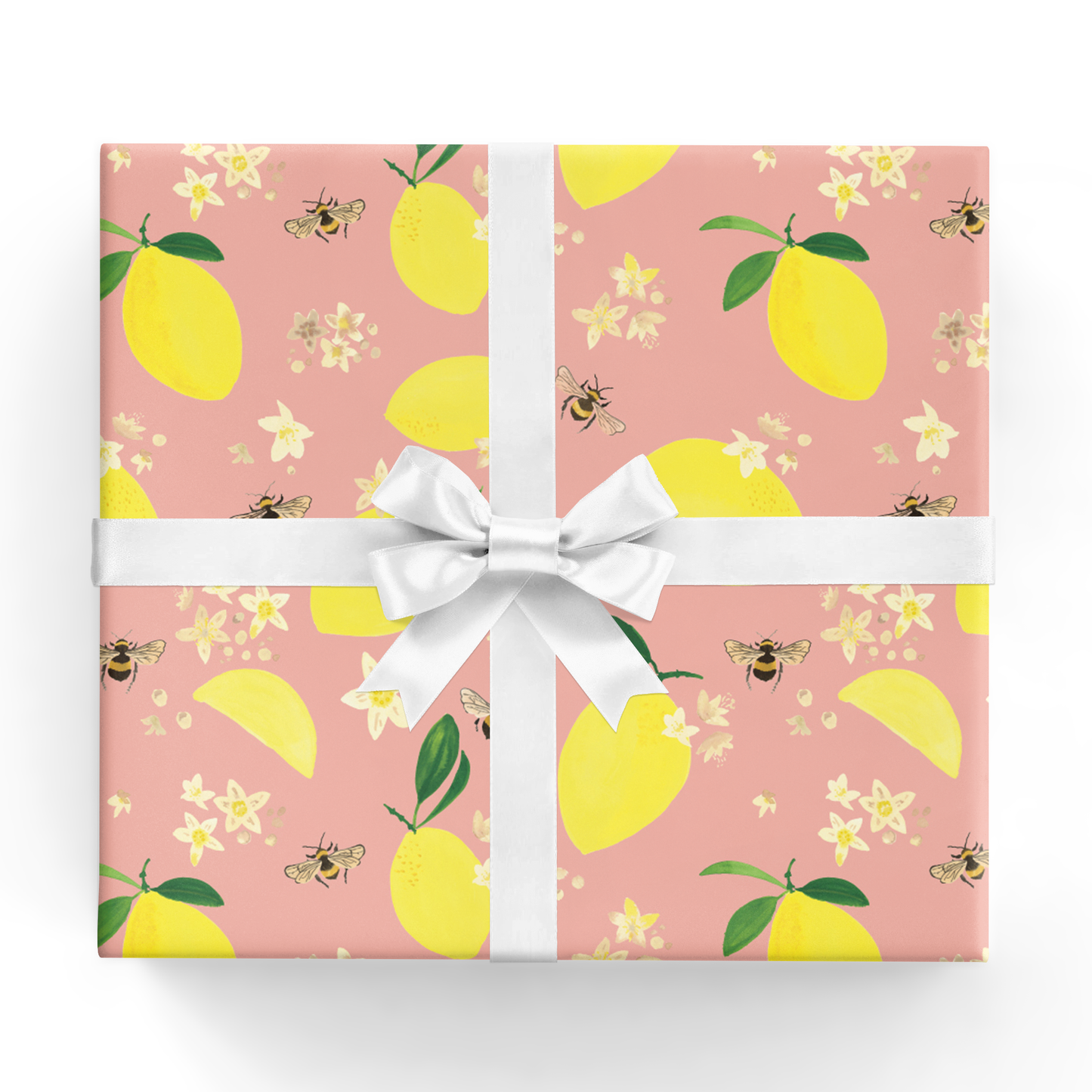 Lemon and bees sheet of wrapping paper -- Pink background with lemons, bees and small flowers on it 