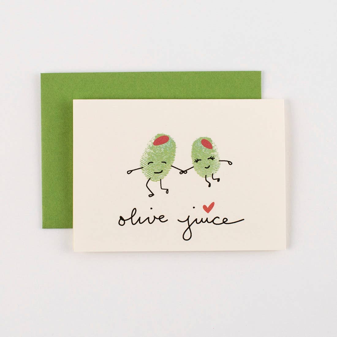 Olive greeting card -- image is two green olives holding hands and below them it reads "olive juice"