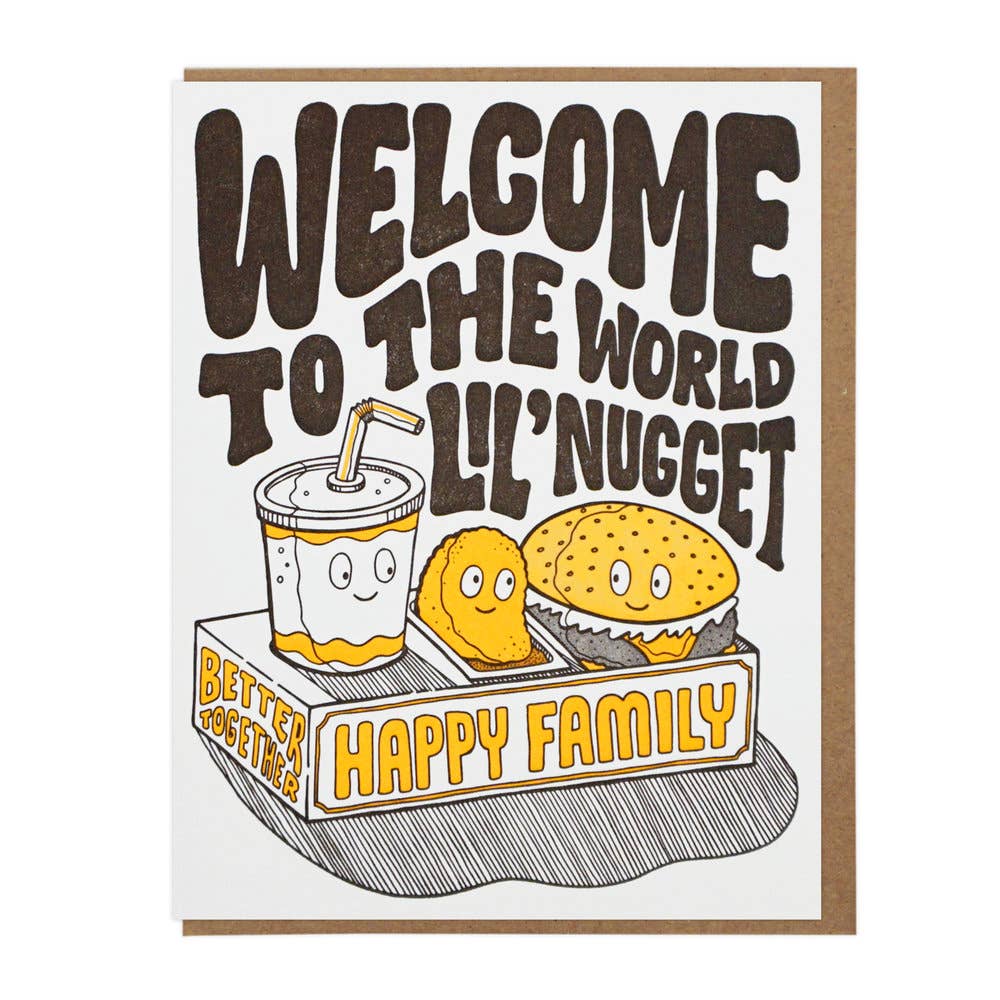 Baby greeting card -- "Welcome Lil' Nugget" with a fast food box with a soda, nugget and cheeseburger 
