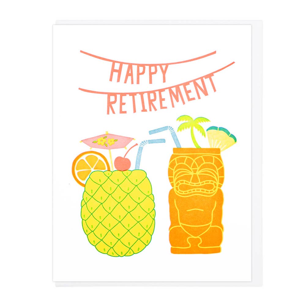 Retirement greeting card -- a banner reads "Happy Retirement" above two tiki drinks 