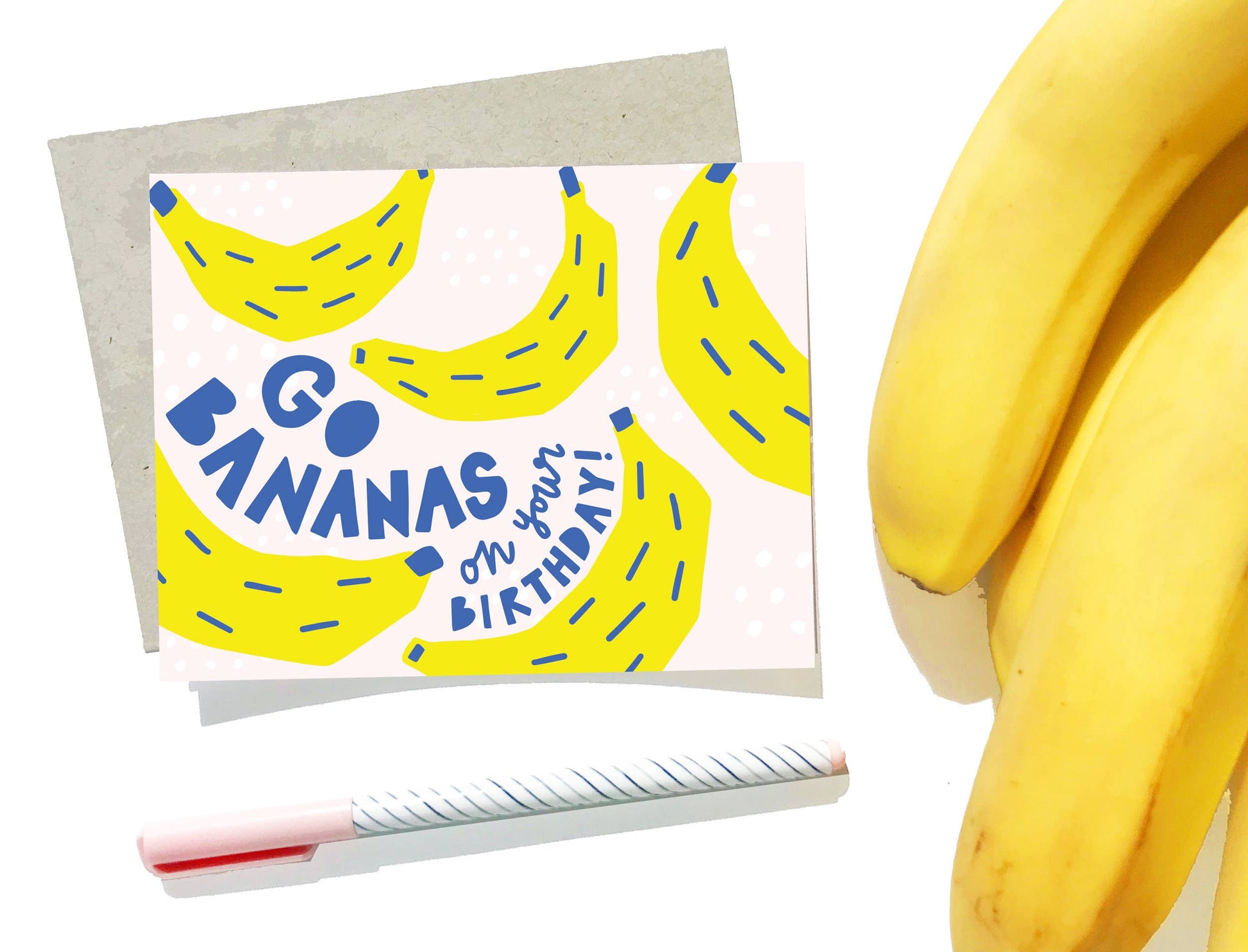 Greeting card that reads "Go Bananas on your birthday!" and has bananas all over 
