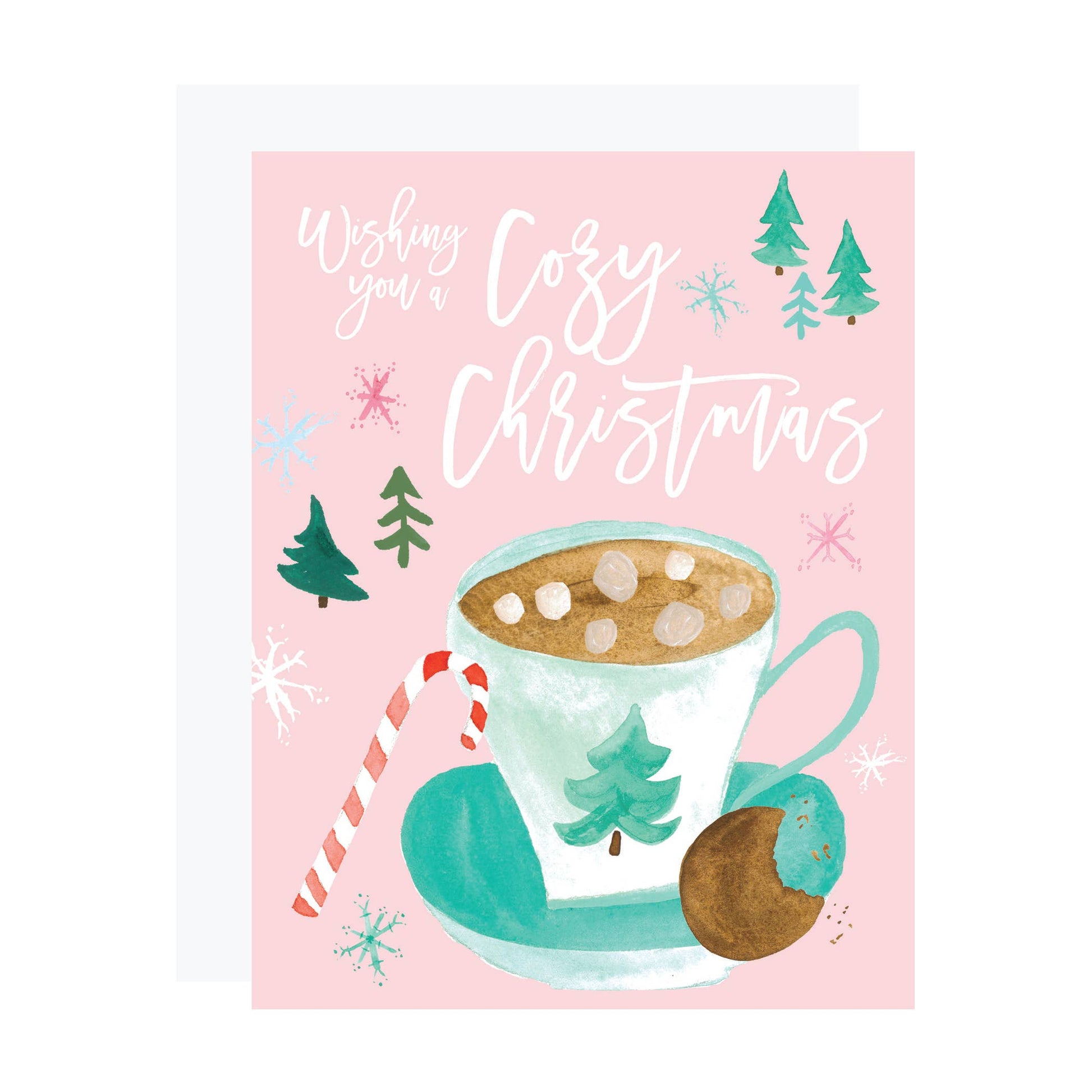 Holiday greeting card with text that reads "Wishing You A Cozy Christmas" and has images of pine trees, hot chocolate with marshmallows, a candy cane and cookie 