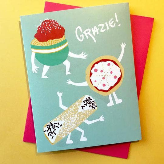 Grazie! Thank You Card -- designed with bowl of spaghetti, pizza and cannoli 