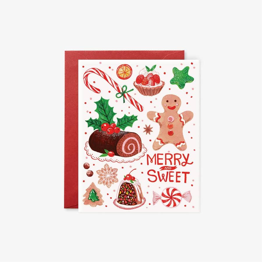 Holiday greeting card with text that says "Merry & Sweet" with various sweet holiday treats on it like a candy cane, tart, sugar cookies, yule log, gingerbread man, peppermint candy 