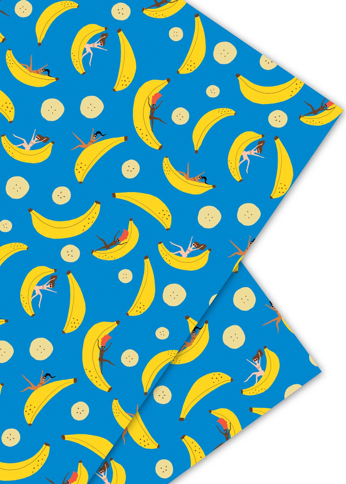 Single sheet of wrapping paper --- design is blue with both sliced and whole bananas on it with women in bikinis sliding down the whole bananas. 