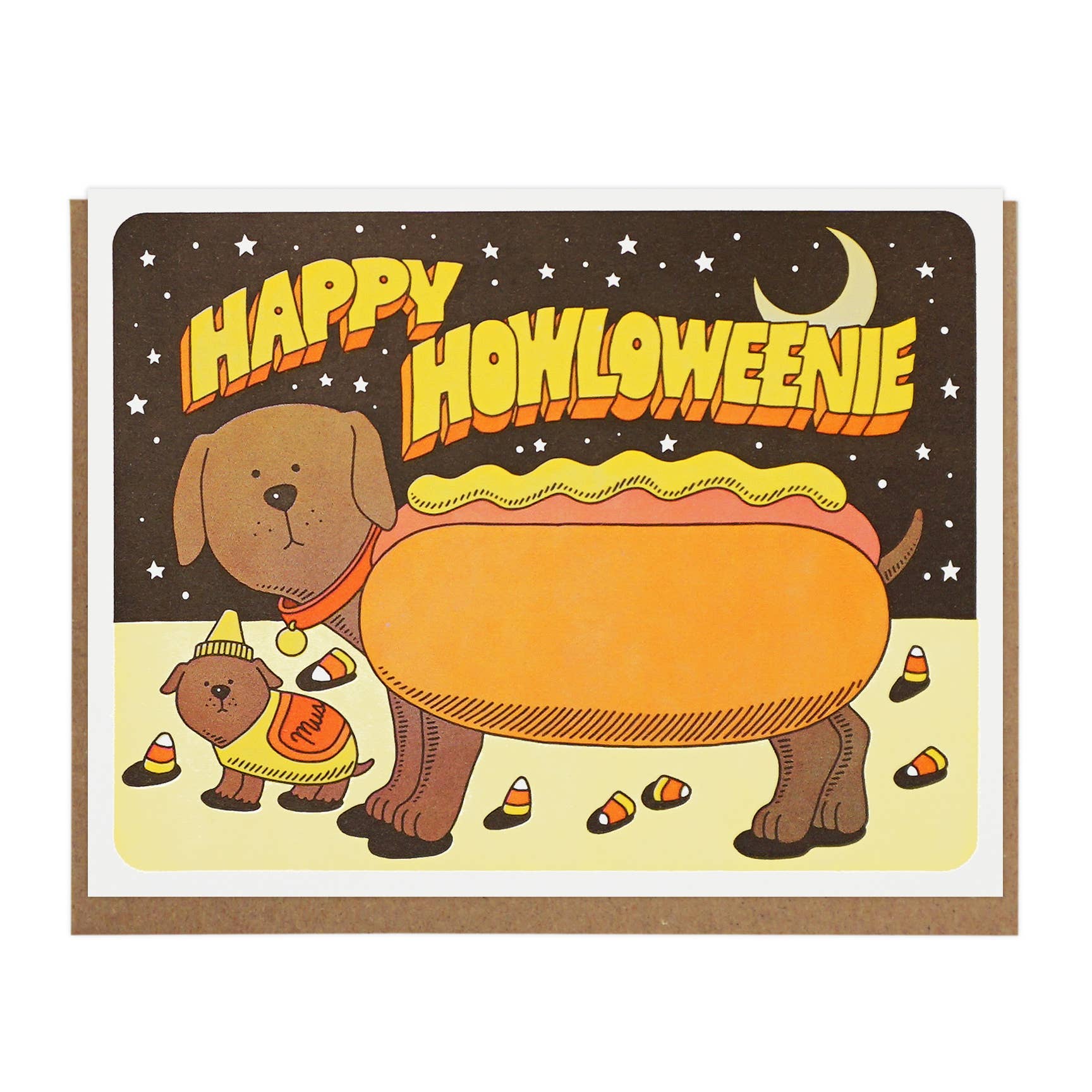 Halloween greeting card -- image of dog inside a hot dog bun and reads "Happy Howloweenie"