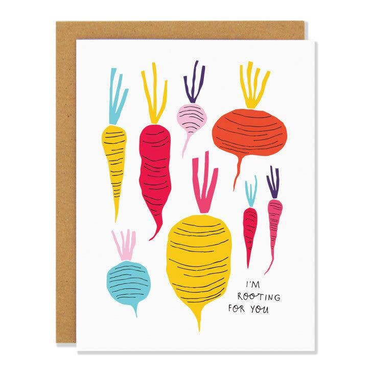 white greeting card with illustrations of eight various colored root vegetables that reads "I'm rooting for you" Comes with a brown envelope. 