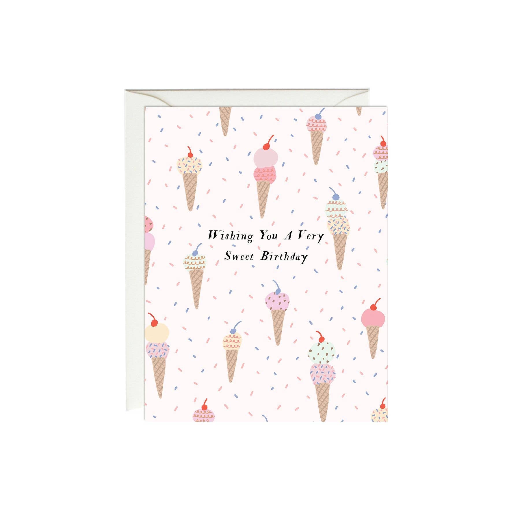 Birthday greeting card that reads "Wishing you a very sweet birthday" and has ice cream cones all over