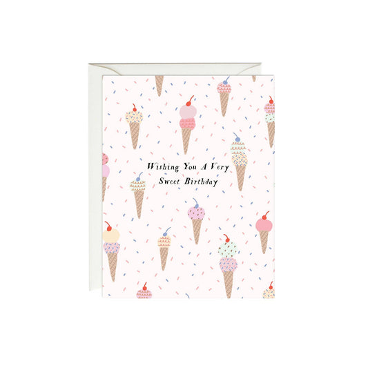 Birthday greeting card that reads "Wishing you a very sweet birthday" and has ice cream cones all over