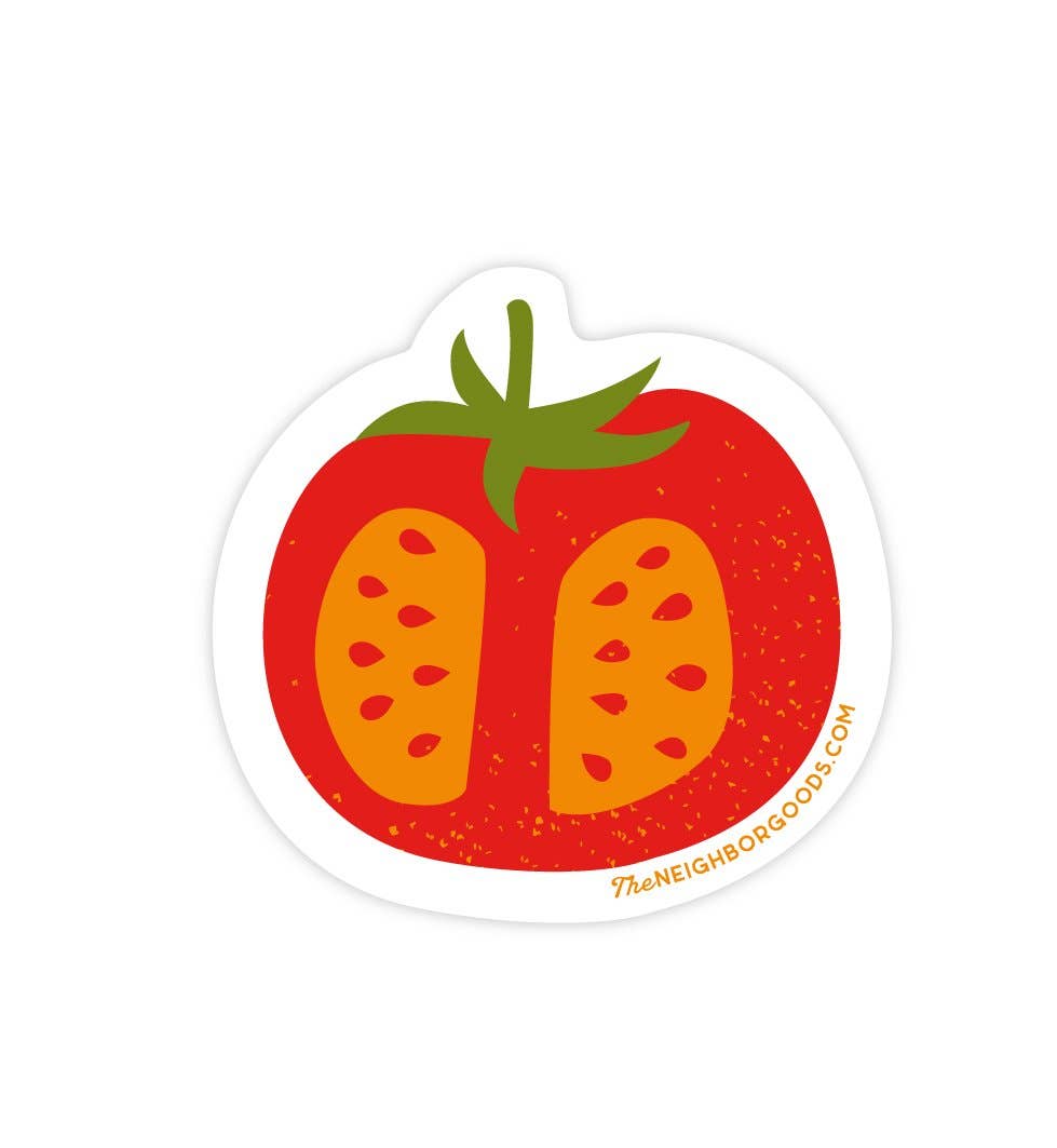 half tomato sticker with green top and seeds.