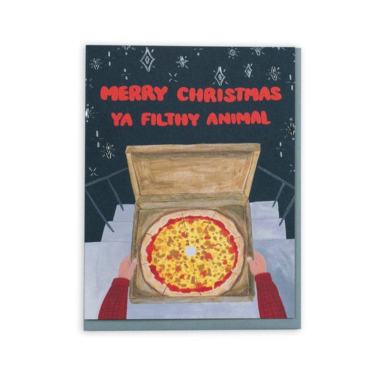 Card implying it is from the movie Home Alone. Kid is holding a box of cheese pizza and the card reads: Merry Christmas Ya Filthy Animal.
