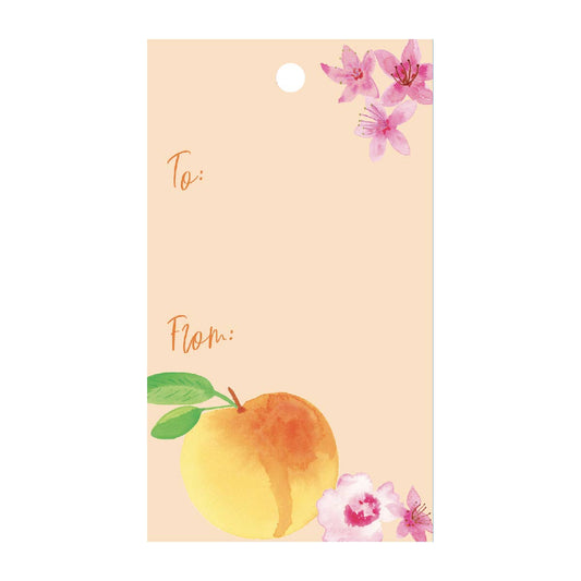 Pink gift tag with a peach and pink florals on it 