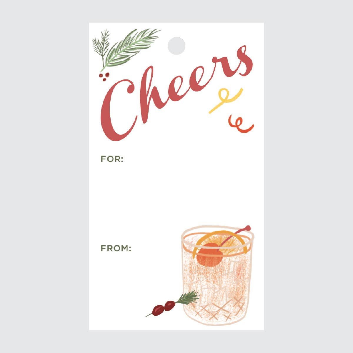 Holiday gift tag that reads "Cheers" and has a holiday cocktail on it