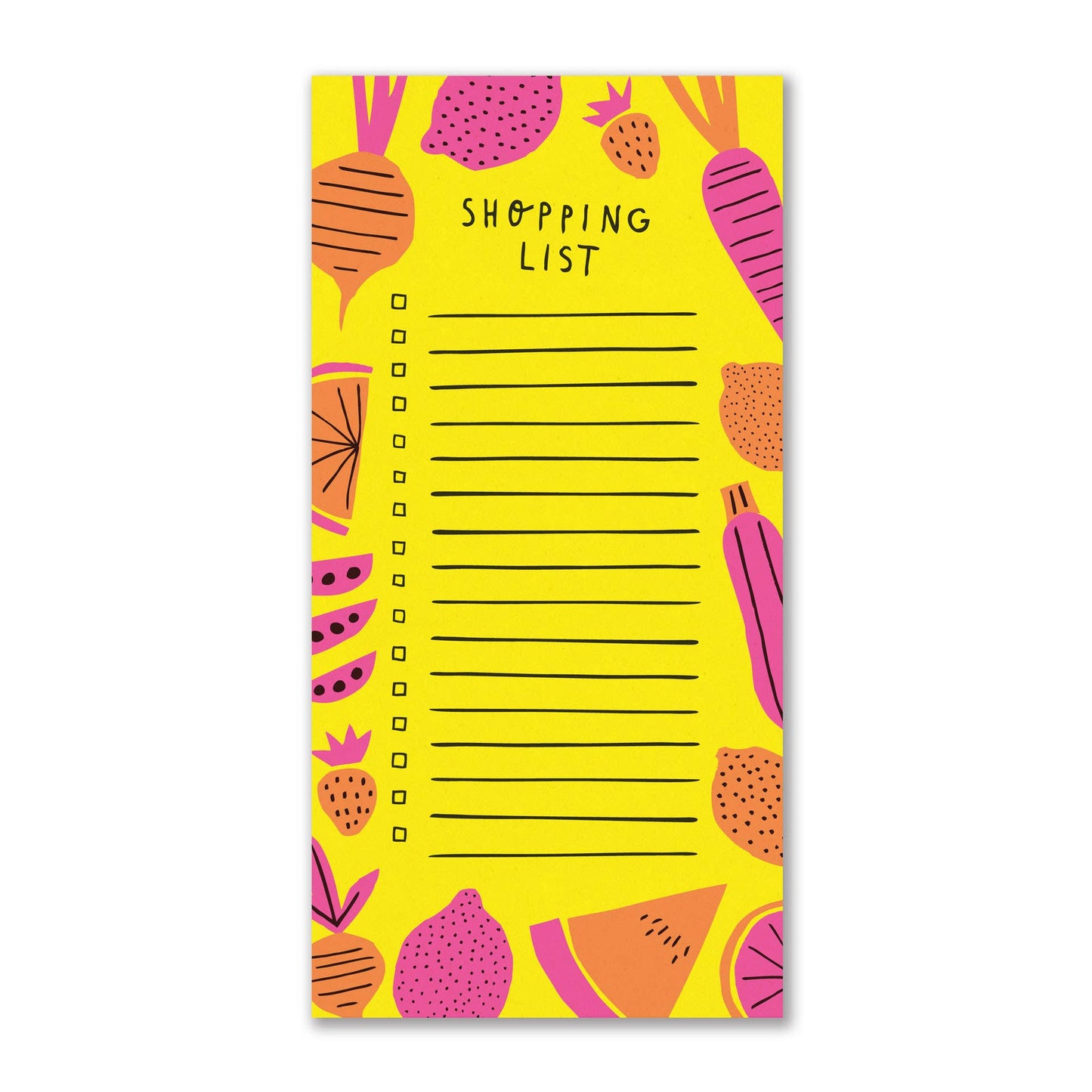 Yellow shopping list notepad that has various fruits and vegetables in pink and orange, along the edge of the pad. In the middle of the pad it reads "shopping list" and has a check box and line for up to 16 items