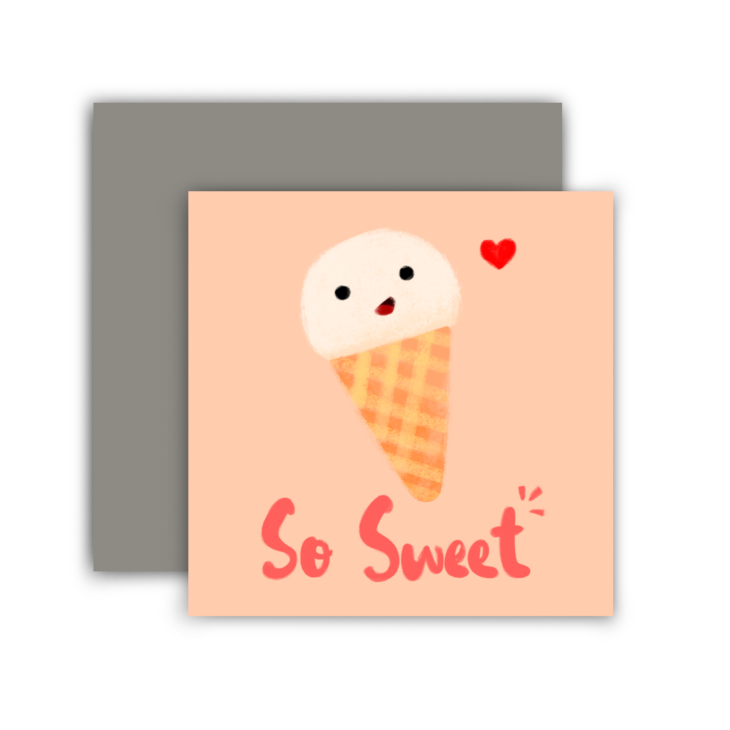 Light pink mini greeting card that reads "So Sweet" and has an ice cream cone on it 