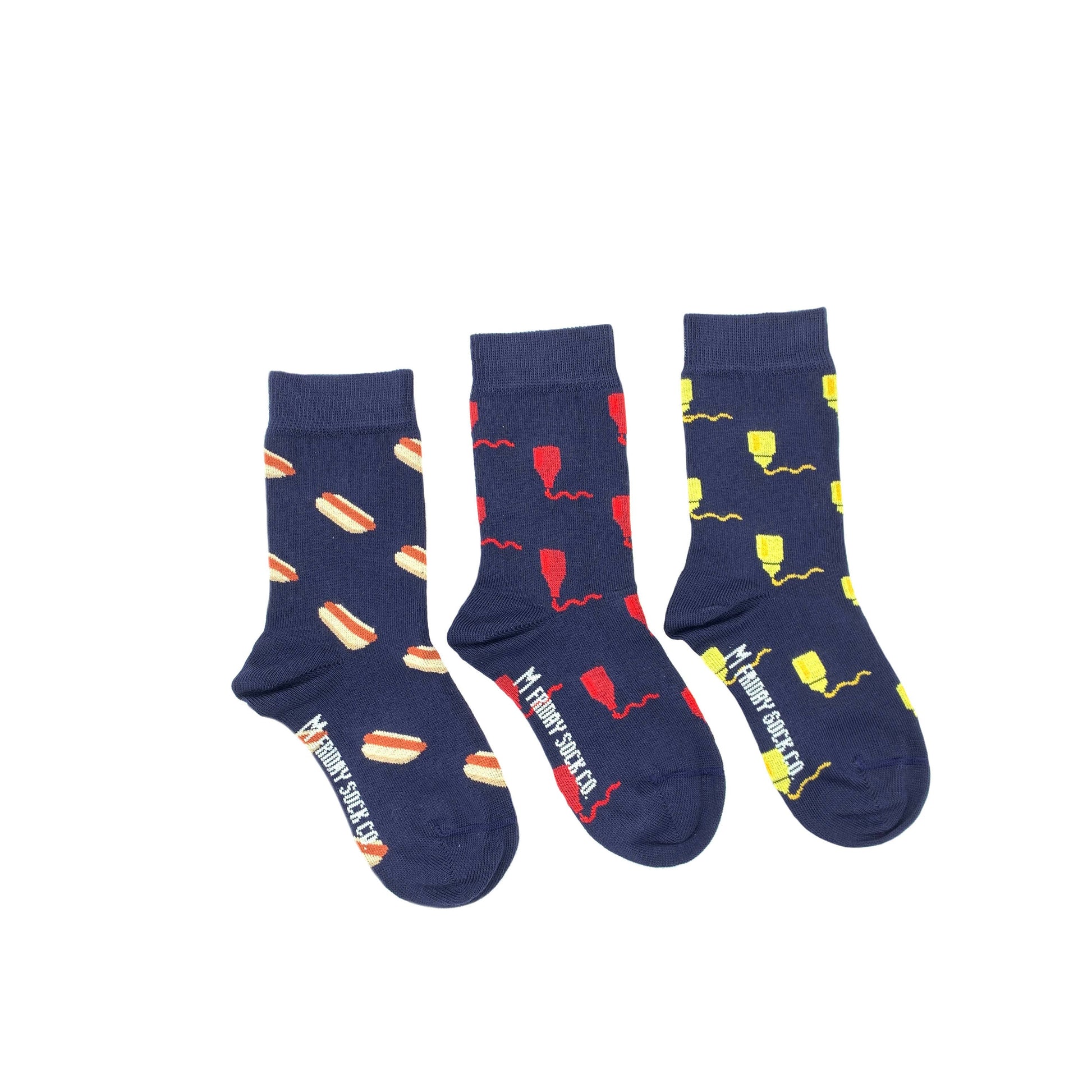 3 pair of mismatched kids socks -- all navy blue with hot dog, ketchup and mustard patterns