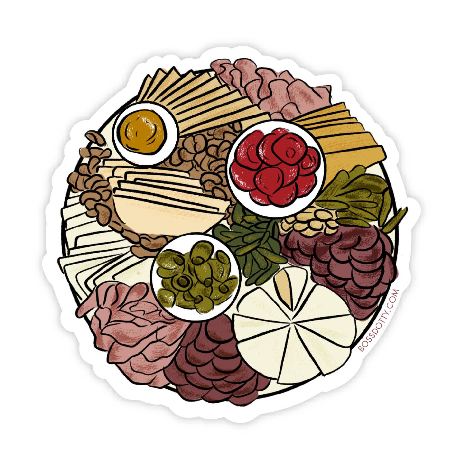 colorful sticker of illustrated charcuterie board items.