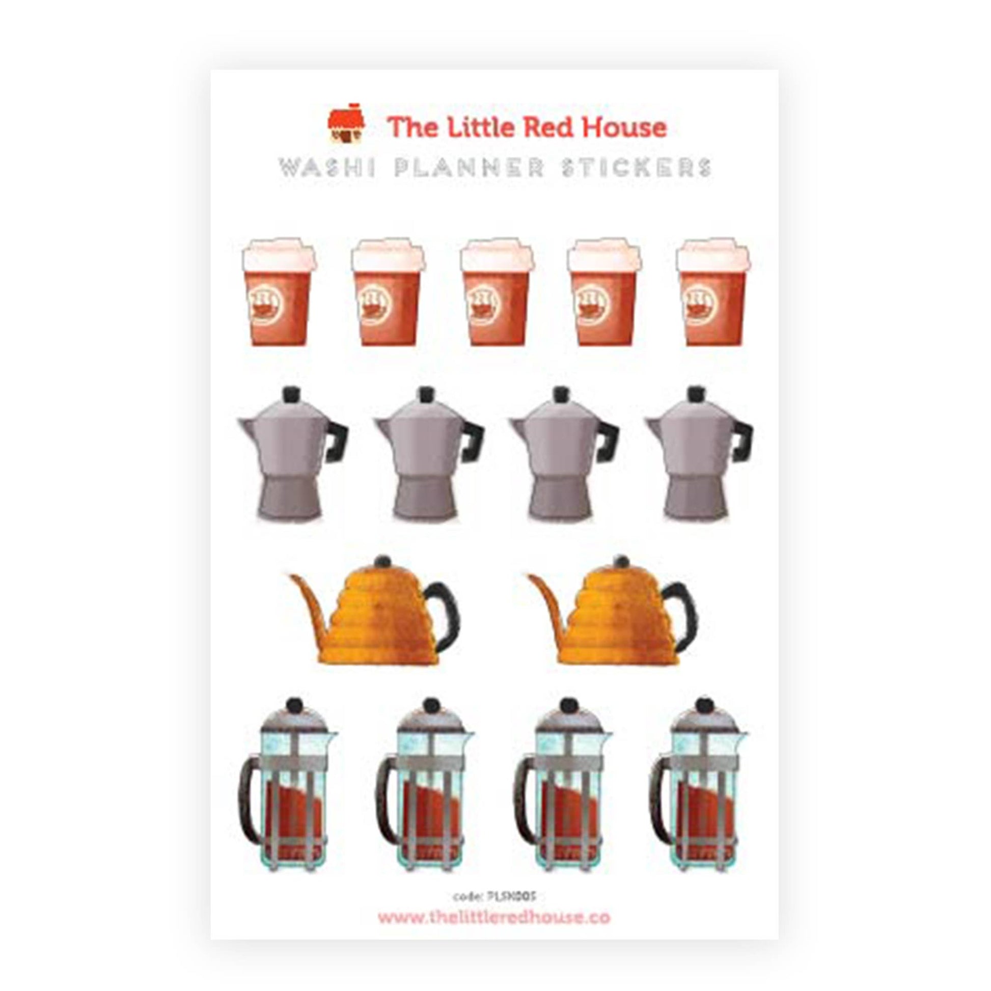 Sticker sheet by Little Red House includes coffee cups, espresso pot, kettle, and french press