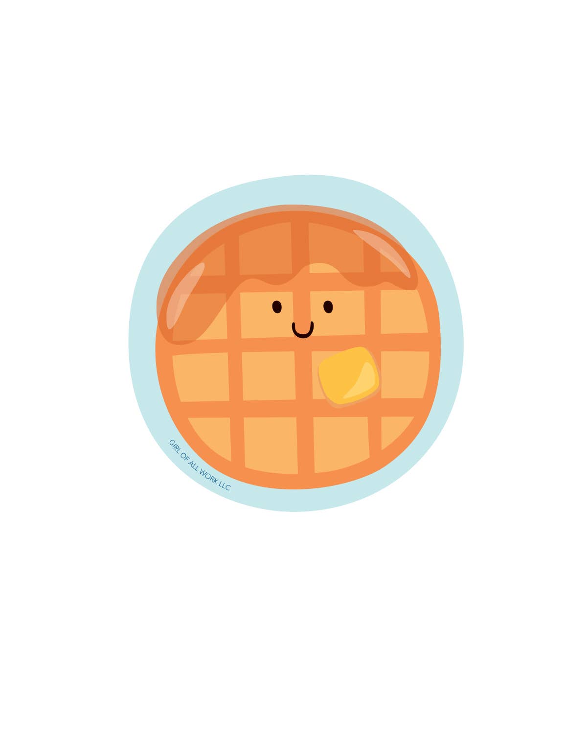Waffle sticker -- waffle has a face and a butter square + syrup on it 