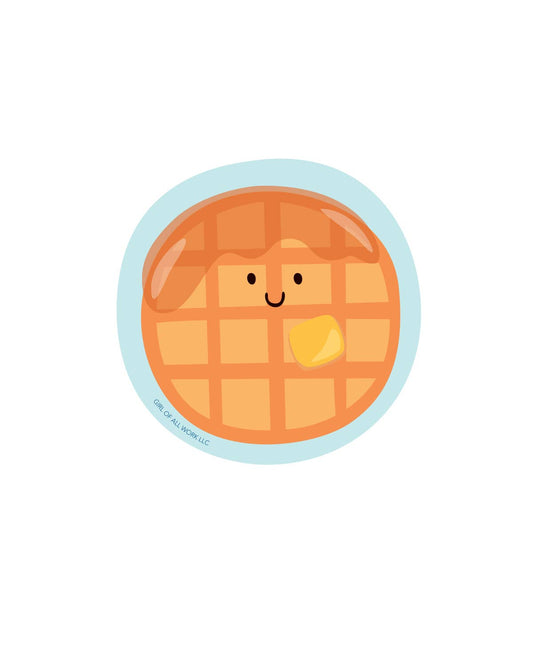 Waffle sticker -- waffle has a face and a butter square + syrup on it 