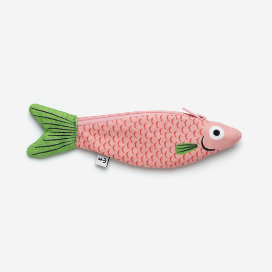 Cardenal fish zippered pouch -- body is pink, tail and small fin are both green 