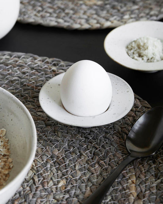 speckled white egg cup/saucer 