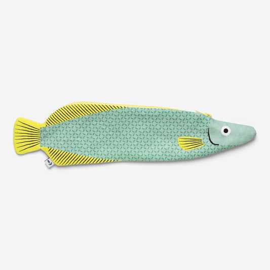 Pirarucu fish zippered pouch -- body is light blue with scale detail and fins are yellow with stripes 