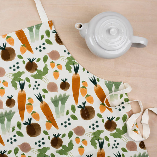 details of adult size apron in vegetable print 