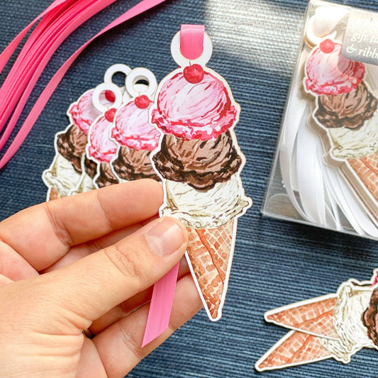 Set of ice cream cone gift tags -- 3 scoops in a waffle cone, vanilla, chocolate and strawberry topped with a maraschino cherry