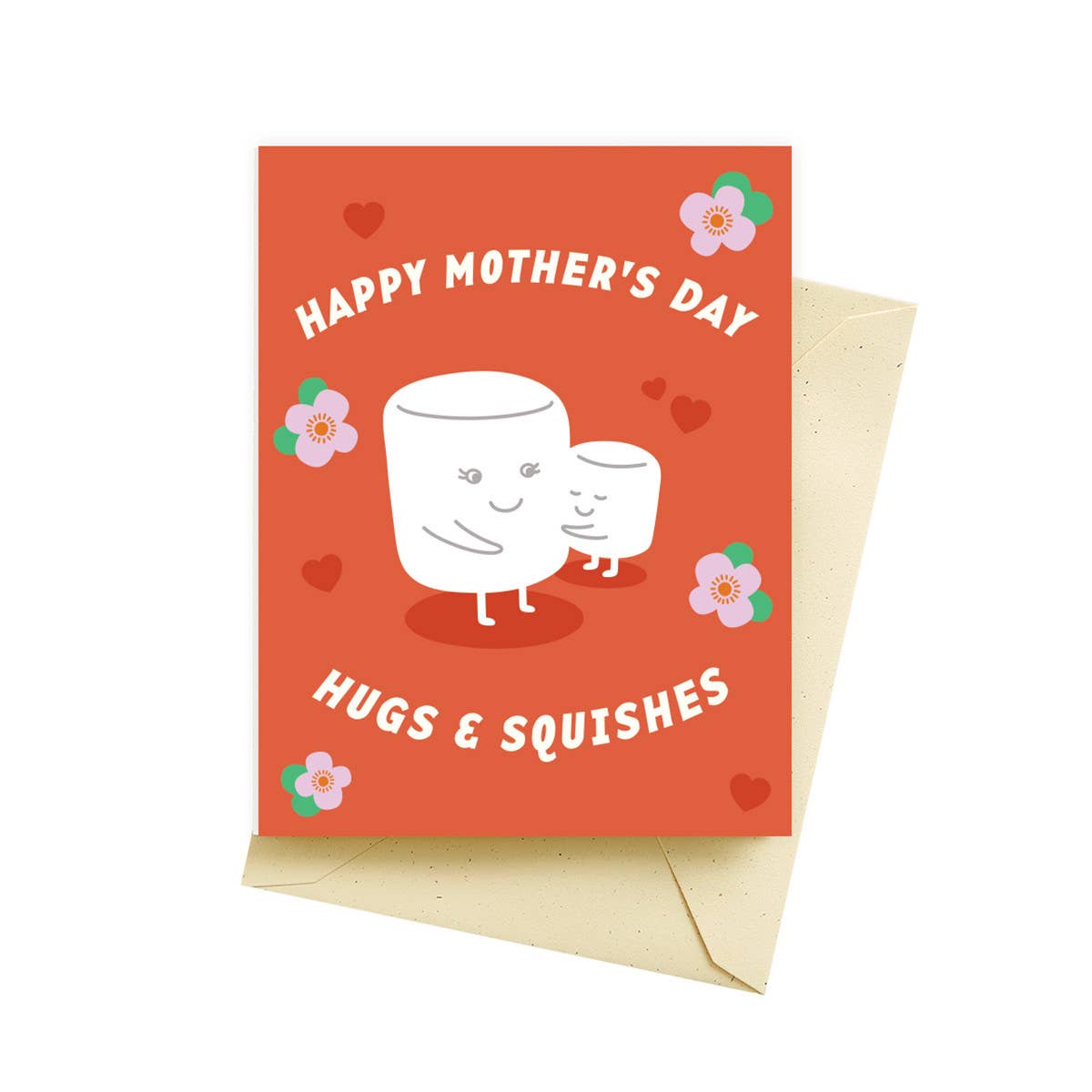 red mother's day greeting card with hearts, flowers and two marshmallows on it. Text reads "Happy mother's day. Hugs & squishes"