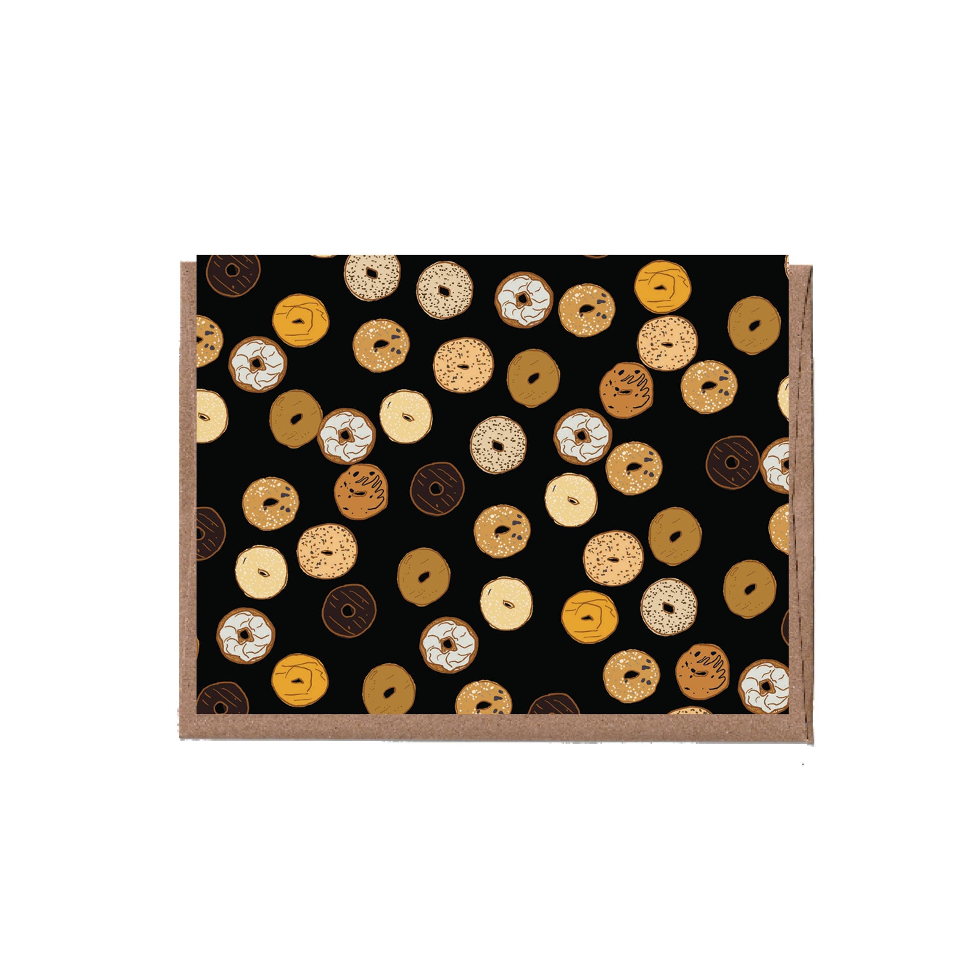 Greeting card with assorted bagels on the cover. Black background. Craft envelope.