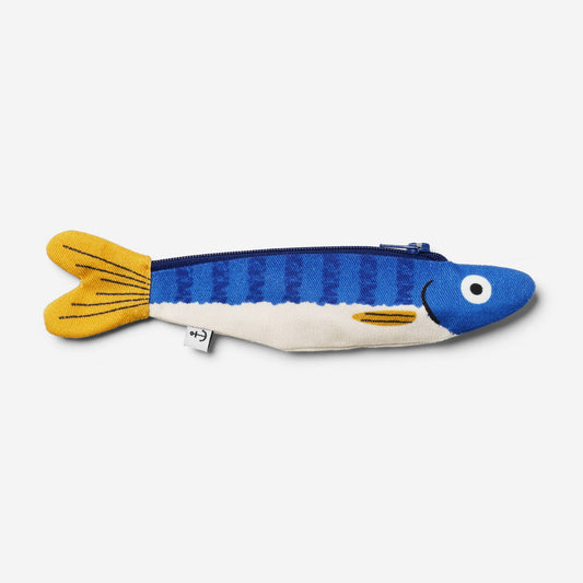 Herring fish keychain pouch -- fish is blue on top with dark blue vertical stripes, cream colored belly and yellow tail fin