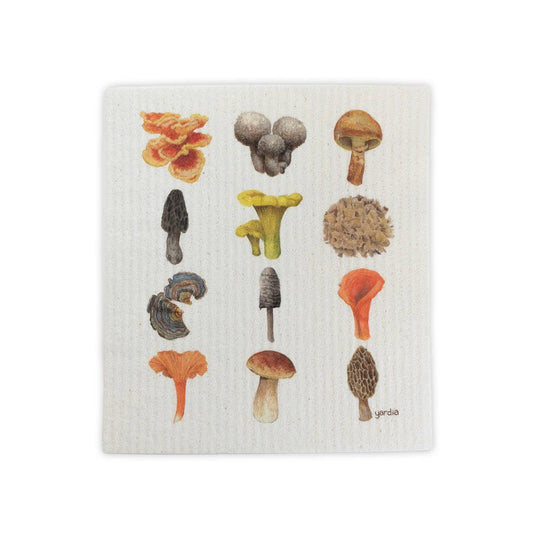 Watercolor artwork of 12 different mushrooms on a cellulose sponge cloth.