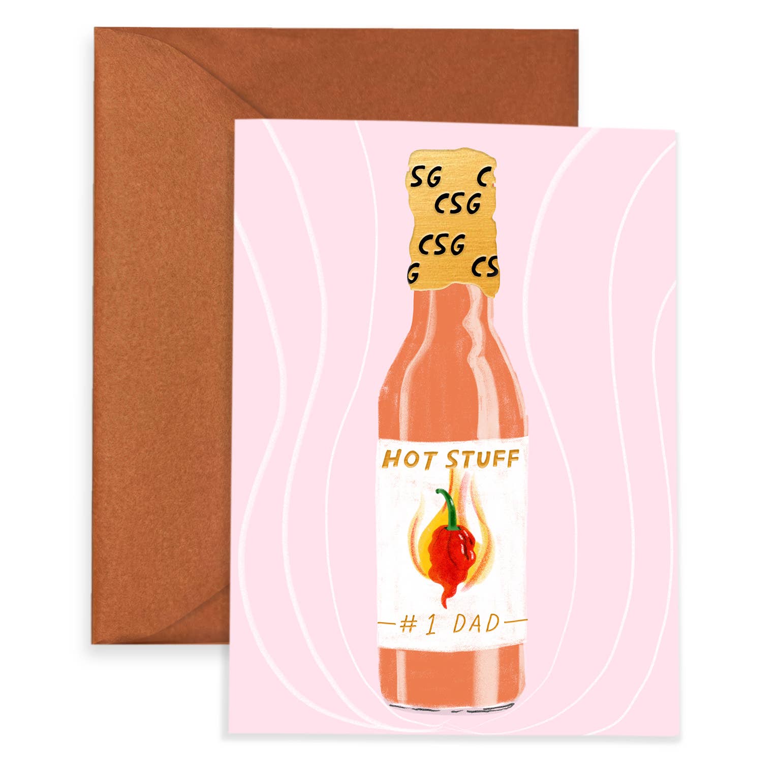 Father's day card with a hot sauce bottle on it. Label on bottle reads "hot stuff" above image of chili pepper and below that it reads "#1 dad"