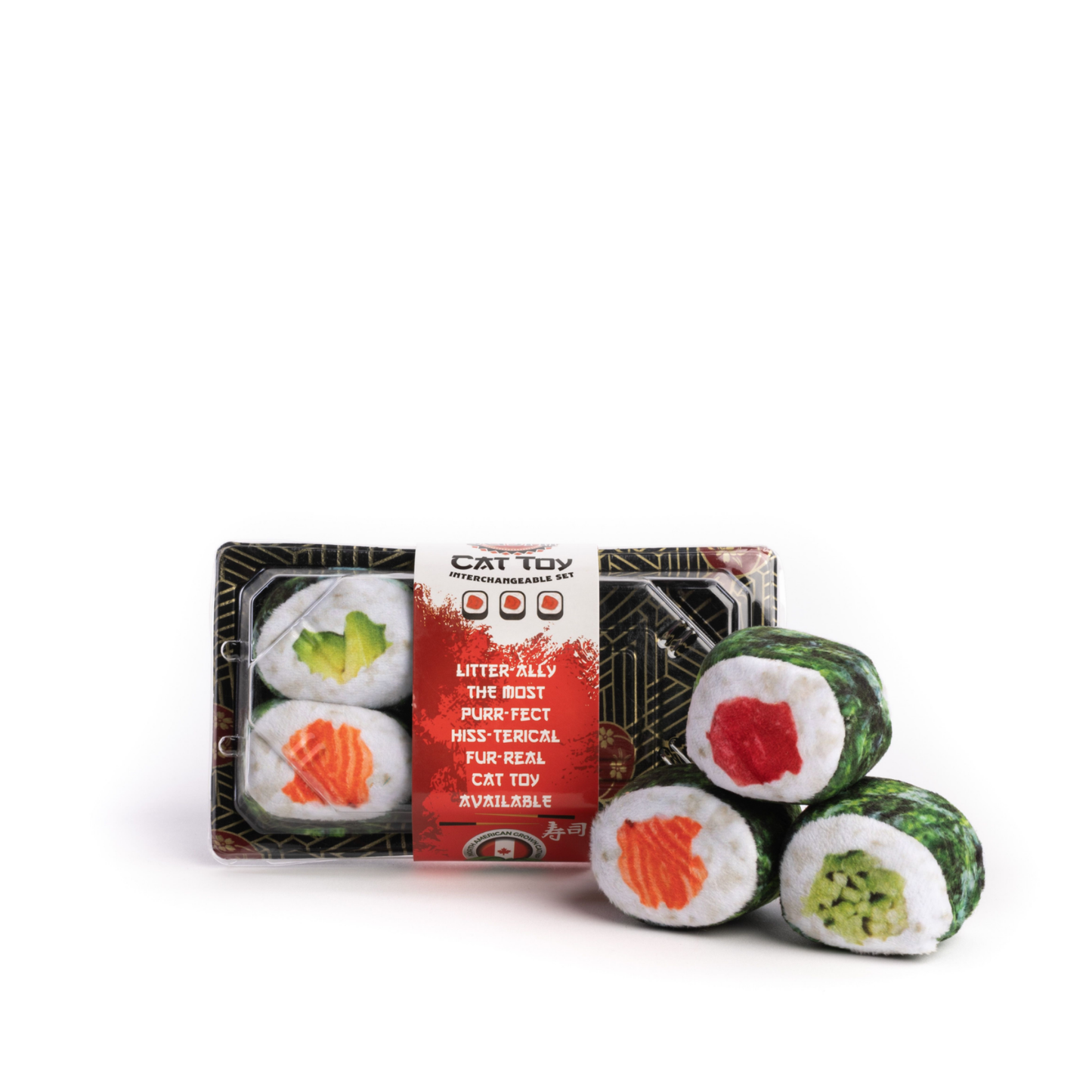 Cat toys made to look like different cut sushi rolls