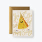 Birthday card with illustration of a happy wedge of cheese wearing white sneakers and a pointy gold birthday hat. Text reads "You get better with age! Happy Birthday!"
