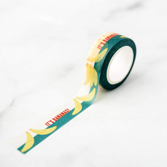 Banana design washi tape. Text on it reads "It's Bananas!" 