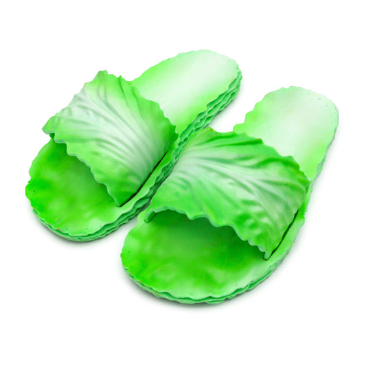Slide slippers in the color and texture of green cabbage 