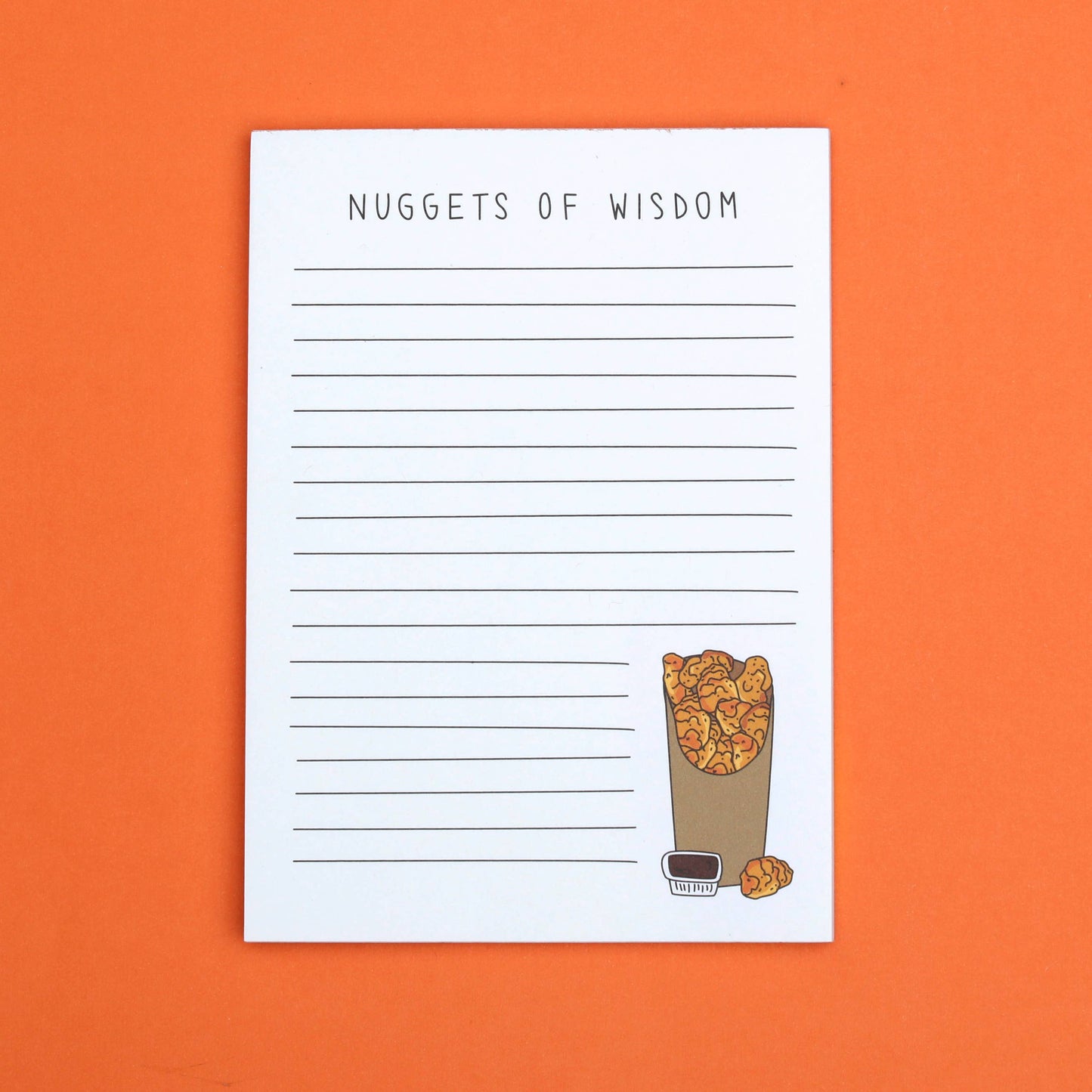 Lined notepad that reads "Nuggets of Wisdom" up top and has chicken nuggets in the bottom right corner 