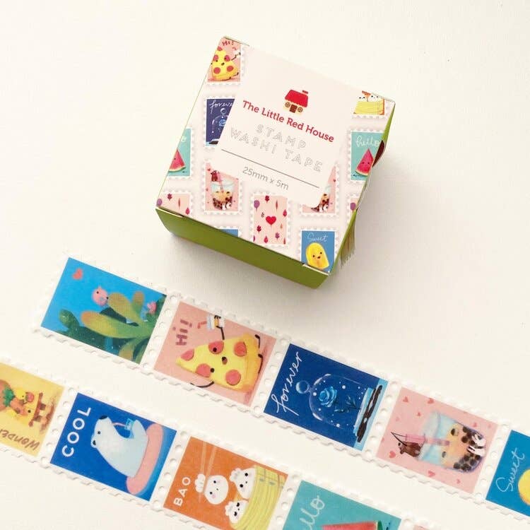 Washi tape meant to look like stamps. Designs include food with animals.