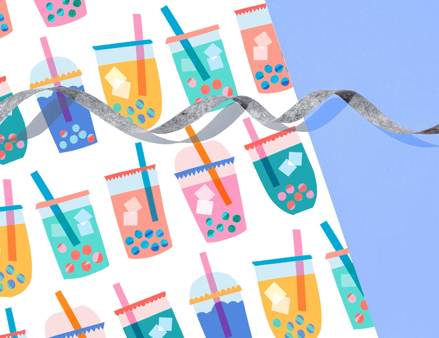 Wrapping paper with various bubble tea drinks on it 