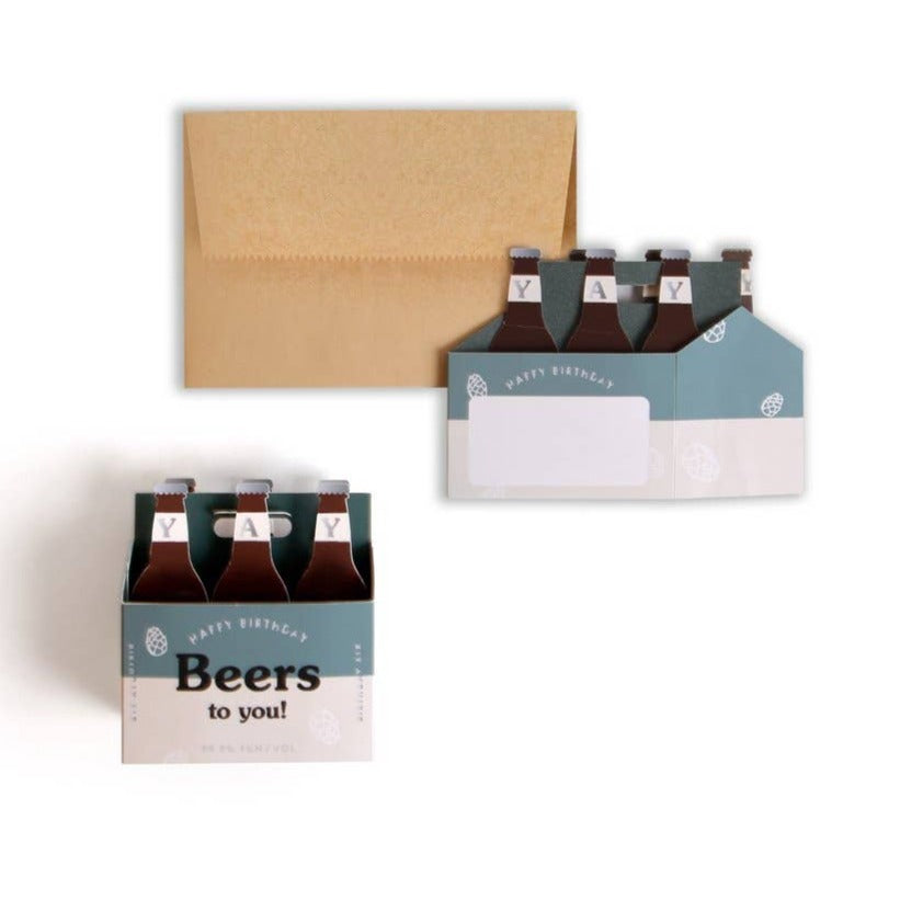 paper-engineered pop-up card -- 6 pack of beers that reads "Happy Birthday beers to you!" on the front 