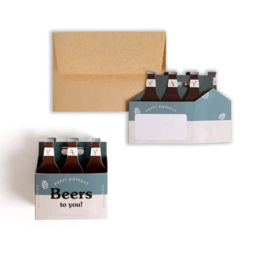 paper-engineered pop-up card -- 6 pack of beers that reads "Happy Birthday beers to you!" on the front 