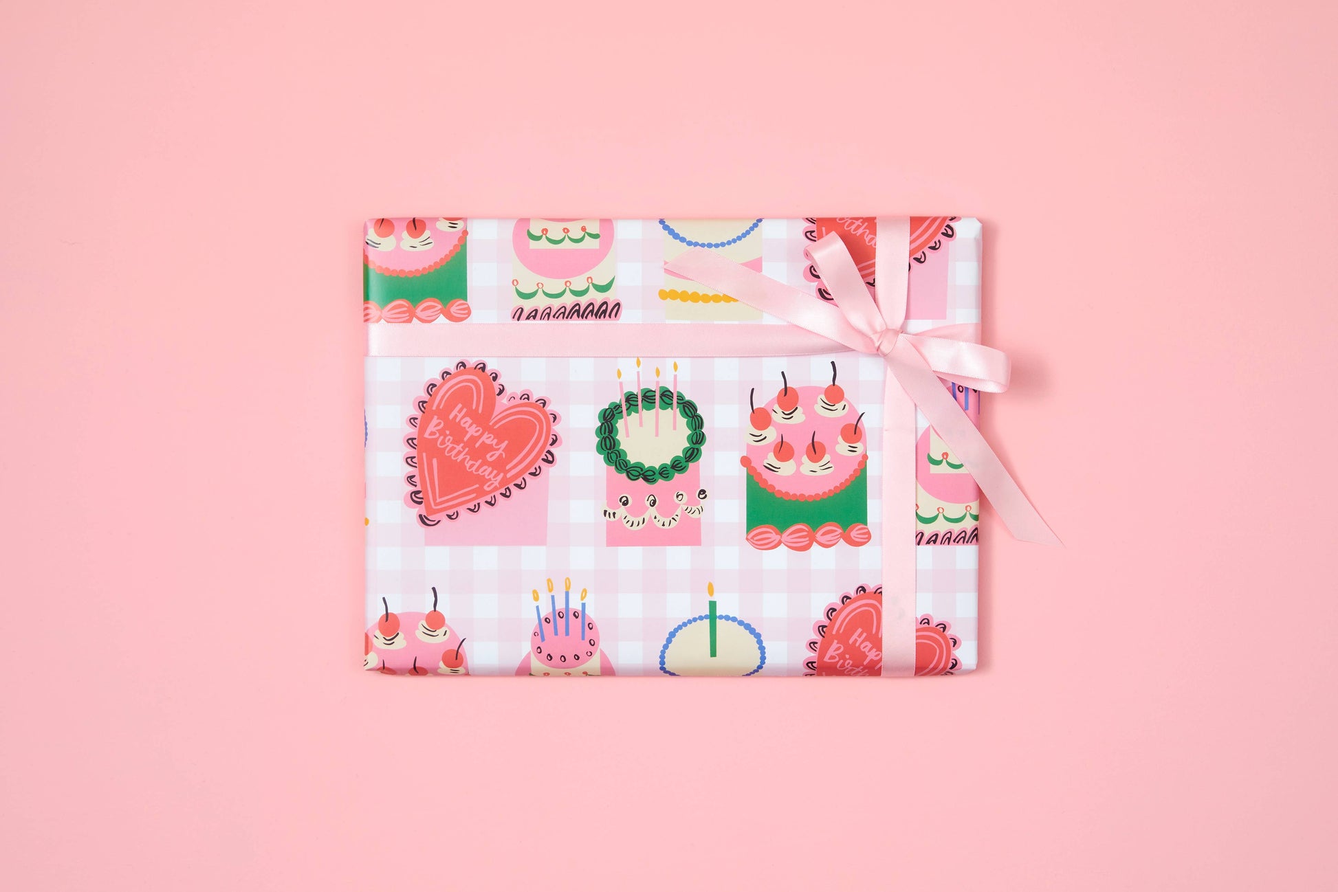 Gingham and vintage birthday cake sheet of wrapping paper 